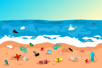 garbage on beach by sea. Stop plastic pollution of ocean and environment. Environmental problem.