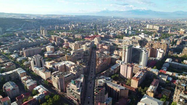 Aerial View Of The City Of Yerevan, Armenia. Abovyan Street From A Height.