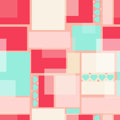 Seamless red and beige squared vector pattern on green endless background. Pink stripes with green hearts. Patchwork textile design with pastel color boxes.