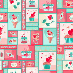 A seamless vector pattern with flat valentines icons in pastel caramel colors with romantic symbols. Cakes and strawberry with coffee cup and mashmellow for february holiday.