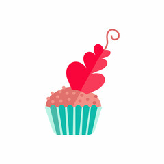 A valentine vector illustration of a chocolate cupcake decorated with red sweet hearts on top. Sticker of tasty dessert for decorating greeting cards and invitations or diary.