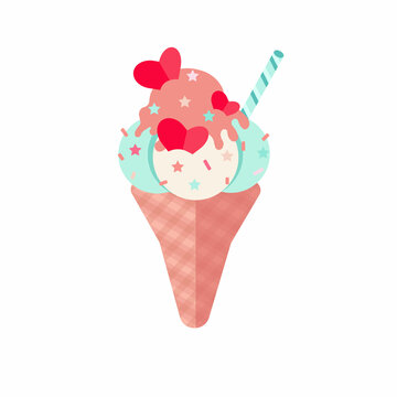 A cartoon illustration of a tasty green and chocolate ice cream balls with valentine red hearts in a vaffel horn.  Decoration for valentines and romantic holiday greetings and invitations or stickers.