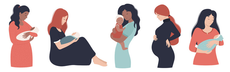 Mothers with kids in different poses. Mom and newborn in her arms. Beautiful healthy pregnant woman. Vector illustration in a flat style