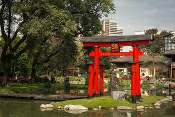 Red Torii gate in Buenos Aires Japanese Gardens Carp Lake in Palermo