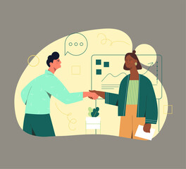 Business activities concept. Man and woman shake hands. Partners conclude contract or agreement. Smiling entrepreneurs communicate and discuss details of development. Cartoon flat vector illustration