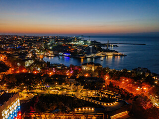 Night Sevastopol skyline, aerial view of the Sevastopol bay and embankment
