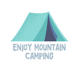 Camping lettering icon. Colorful sticker with tent and inscription. Enjoy mountain camping. Design element for advertising posters. Cartoon flat vector illustration isolated on white background