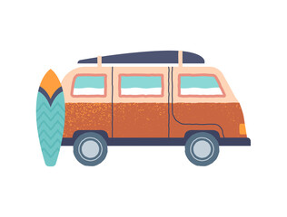 Camping trailer sticker. Icon with mobile home for relaxing on beach and surfing. Hiking and traveling. Design element for social network. Cartoon flat vector illustration isolated on white background