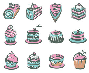 collection of labels with cupcakes for bakery shop isolated on white background