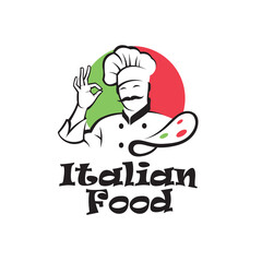 italian food emblem with chef and mustache isolated on white background