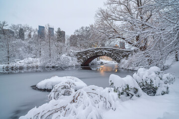 Gapstow Bridge in Central Park sneeuwstorm