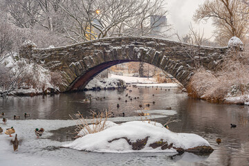 Gapstow Bridge in Central Park snow storm