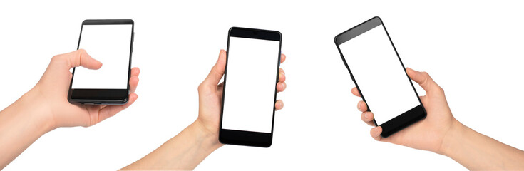 Set female hand is holding a smartphone with a white blank display. White display on smartphone for advertising