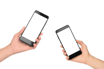 Set female hand is holding a smartphone with a white blank display. White display on smartphone for advertising