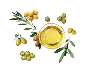 Bowl of oil, ripe olives and leaves on white background, top view