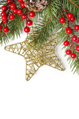 Golden Christmas star-shaped ornament and tree branches with red berries, close up