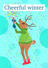 Postcard with a deer with a cracker of cheerful winter