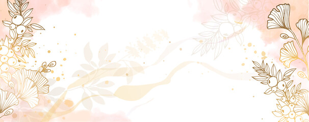 Luxurious golden wallpaper. Banner with flowers and long branches with berries. Watercolor pink, gold spots on a white background. Shiny flowers and twigs. Vector file.