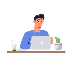 Emotions on face concept. Sad male employee does not have time to complete task by deadline. Tired entrepreneur made mistake. Young man sitting at table with laptop. Cartoon flat vector illustration