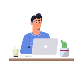 Fototapeta na wymiar Emotions on face. Male employee performs task and smiles. Quiet working day. Energetic entrepreneur. Efficiency and productivity. Man sitting at table with laptop. Cartoon flat vector illustration