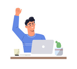 Fototapeta na wymiar Emotions on face concept. Male employee rejoices at successful completion of project. Happy human. Smiling entrepreneur. Young man sitting at table with laptop. Cartoon flat vector illustration