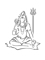 Shiva, Hindu god, giving blessing, sitting with beads, trident. Mahadeva, Adiyogi, supreme deity of destruction, time, dance. Modern symbol, hand drawn black and white sketch for prints, decoration