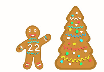 The Gingerbread Man with Number 22 Denoting New Year 2022. Stylized Cookie Christmas Tree. Inscription twenty two years or anniversary. Isolated on white background. Vector illustration.