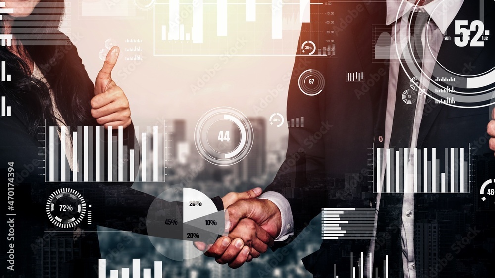 Poster conceptual business handshake with dashboard for financial data analysis . 3d render computer graphi