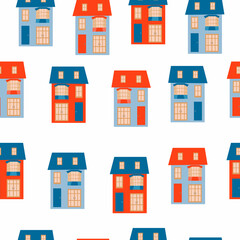 Seamless pattern with cute houses. Hand drawn vector illustration for nursery textile or wallpaper design.