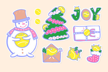 Collection of Christmas illustrations for tennis. Holiday vector clipart for greeting card, t-shirt and poster, tree, gift, snowman, tennis ball. New Year stickers.