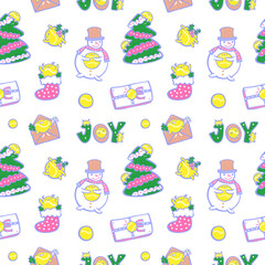 Fototapeta premium Christmas seamless pattern for tennis. Cute background with gifts, tennis balls, Christmas trees, snowmen for sports textiles. Kawaii style.