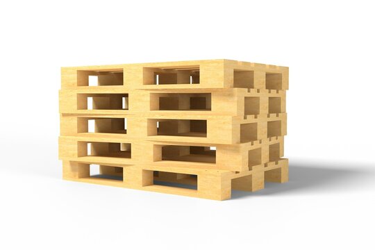 3d render illustration wooden pallets isolated on white background. Realistic empty warehouse platforms for shipping boxes. Packaging and transportation of goods. Stack of wood tray. Euro pallets.
