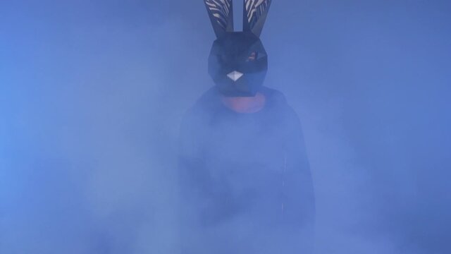 The guy in the mask of a hare. the guy in the haze. the guy shakes his head 