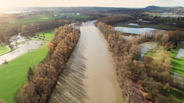 Monroe Washington Aerial of Farmland Flooded by River Bridge in Fall Season
