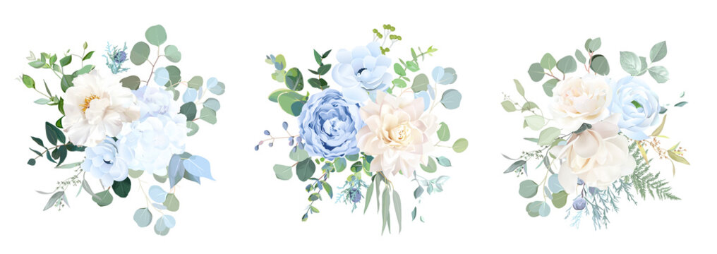 Dusty blue, ivory beige rose, white hydrangea, magnolia, peony, ranunculus