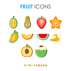 Collection of natural organic fruits icons. Colorful tropical plants. Isolated vector icons.