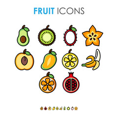 Collection of natural organic fruits icons. Colorful tropical plants. Isolated vector icons.