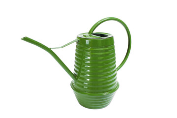 Green metal watering can isolated on white background.