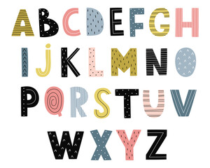Hand drawn cute alphabet for kids. Bright multicolored letters. Perfect for education, design of postcards, posters, children's room. Vector illustration © Victoria Guzeeva