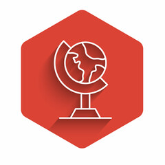 White line Earth globe icon isolated with long shadow background. Red hexagon button. Vector