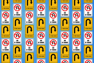 Road signages in seamless pattern. U-turn or no U-turn road signage for vehicles and transporation on highway