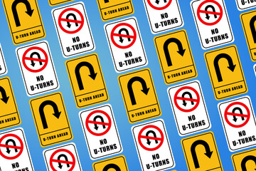 Road signages in seamless pattern. U-turn or no U-turn road signage for vehicles and transporation on highway