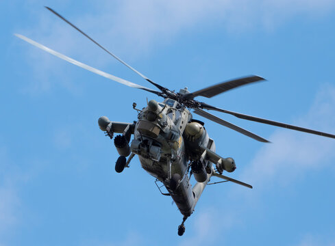 KUBINKA, RUSSIA - May, 15, 2021: attack helicopters Mil Mi-28, STRIZHI Aerobatic Team 30TH Anniversary Event