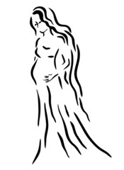 A pregnant girl in a long dress with wavy hair strokes her belly with hand. Beautiful woman in black line style art isolated on white background. Vector illustration.