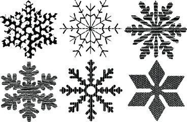 Grunge Textured Snowflakes Collection. Can be used as Banners, Insignias or Badges. Vector Distressed Texture Set. Blank Geometric Shapes. Vector Illustration. Black isolated on white. EPS10.