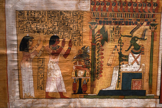 TURIN, ITALY - AUGUST 19, 2021: Papyrus  with Osiris at Egyptian Museum of Turin, Italy
