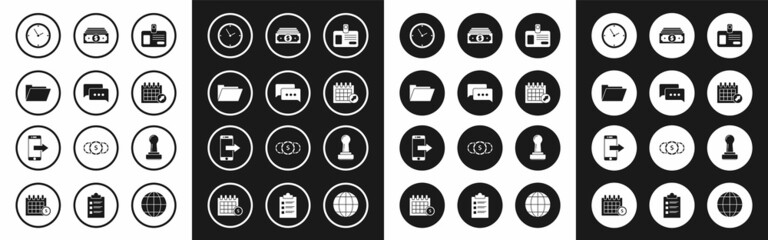 Set Identification badge, Speech bubble chat, Document folder, Clock, Calendar, Stacks paper money cash, Stamp and Smartphone, mobile phone icon. Vector