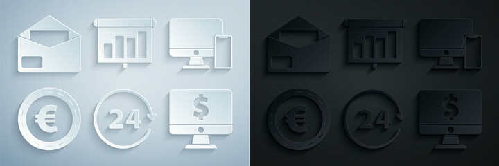 Set Clock 24 hours, Coin money with euro symbol, dollar, Presentation financial board graph, schedule, chart, diagram, infographic, pie graph and Envelope icon. Vector