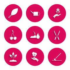 Set Watering sprout, Tree hand of environmental protection, Garden rake work, Gardening handmade scissors for trimming, Plant, Cherry, Hand holding flower and Leaf icon. Vector