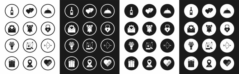Set Covered with a tray of food, Ringing bell, Envelope Valentine heart, Champagne bottle, Castle the shape, Two Linked Hearts, Bow and arrow and Bouquet flowers icon. Vector